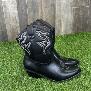 Women's Gothic Cowgirl Ankle Boots Black Faux Leather Flame Stitch‎ Size 40